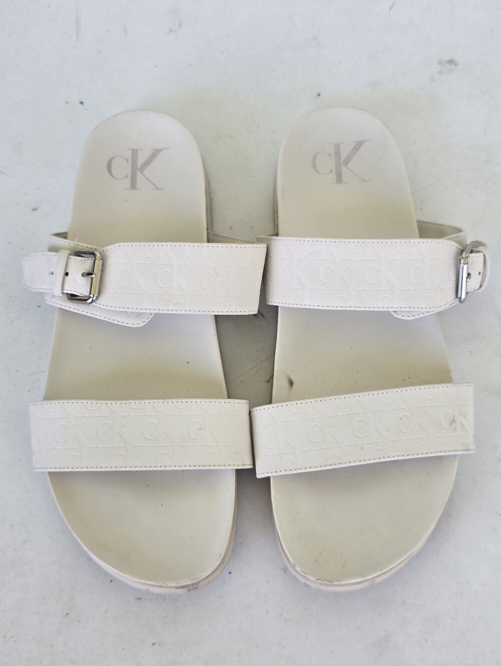 Calvin Klein Jeans White CK Logo Double Strap Buckle Slide Sandals Size 10M